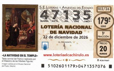 Anverso del d&eacute;cimo 47135 de la Loter&iacute;a de Navidad 2026, de Elda (Alicante)
